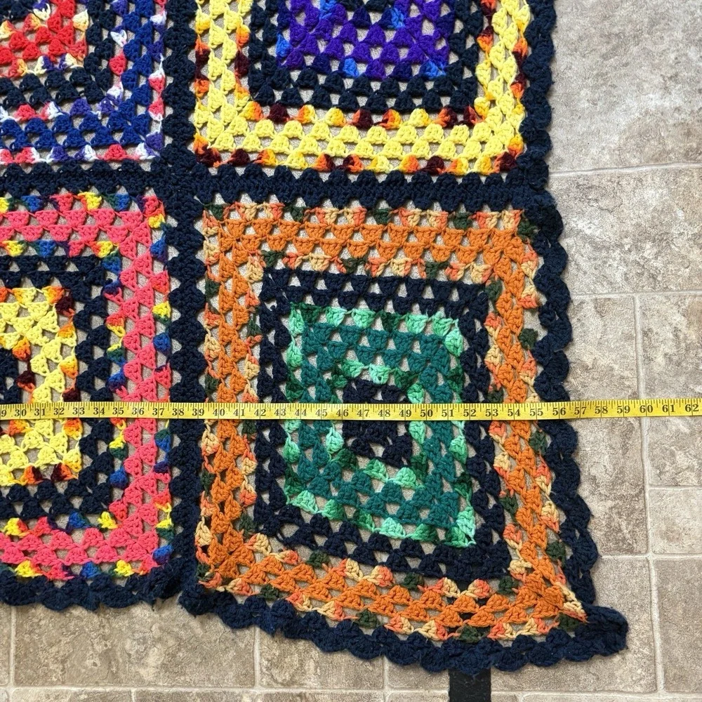 Vintage Handmade Crochet Granny Square Afghan Blanket 82x56 Ugly Colorful LARGE
